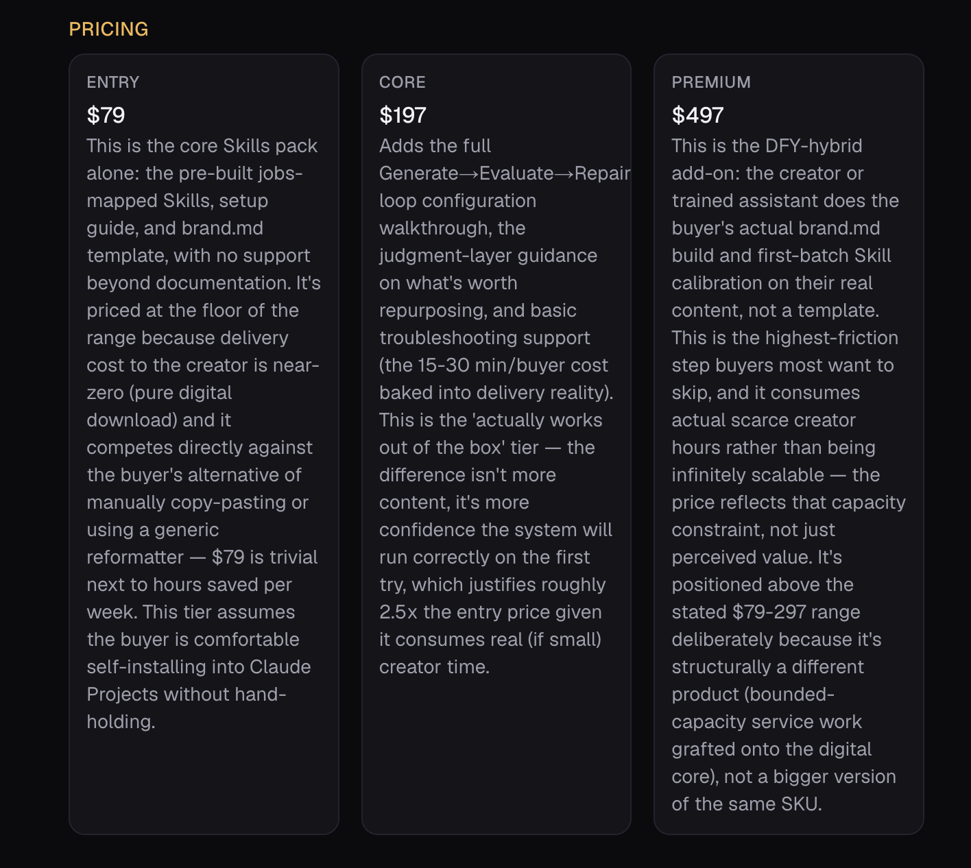 The three-tier pricing structure from AI Offer Crafter's package output, with each tier's price anchored against a specific alternative cost the buyer already faces