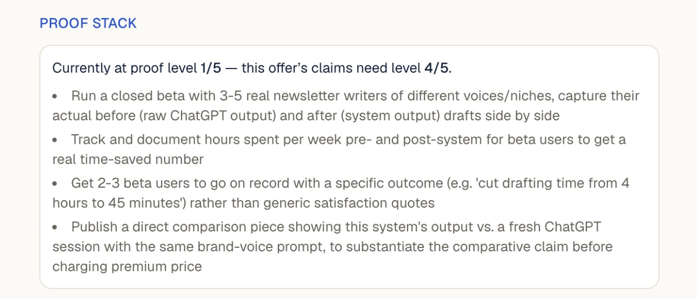 The Proof Stack section of the AI Offer Crafter output, showing 